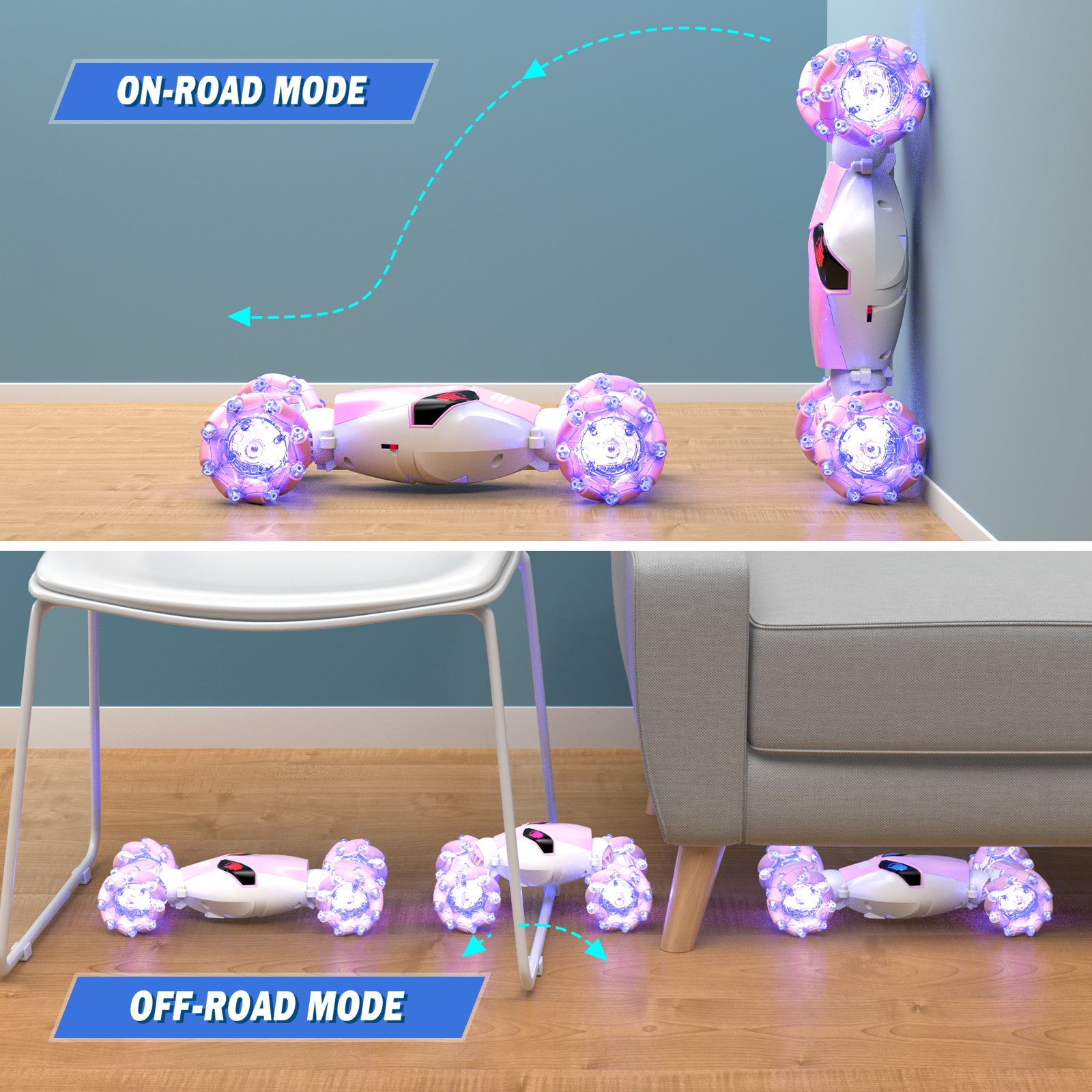 Gesture Control RC Stunt Car for Kids – 4WD Double-Sided Rotating Remote Control Car with Lights & Music (Pink)