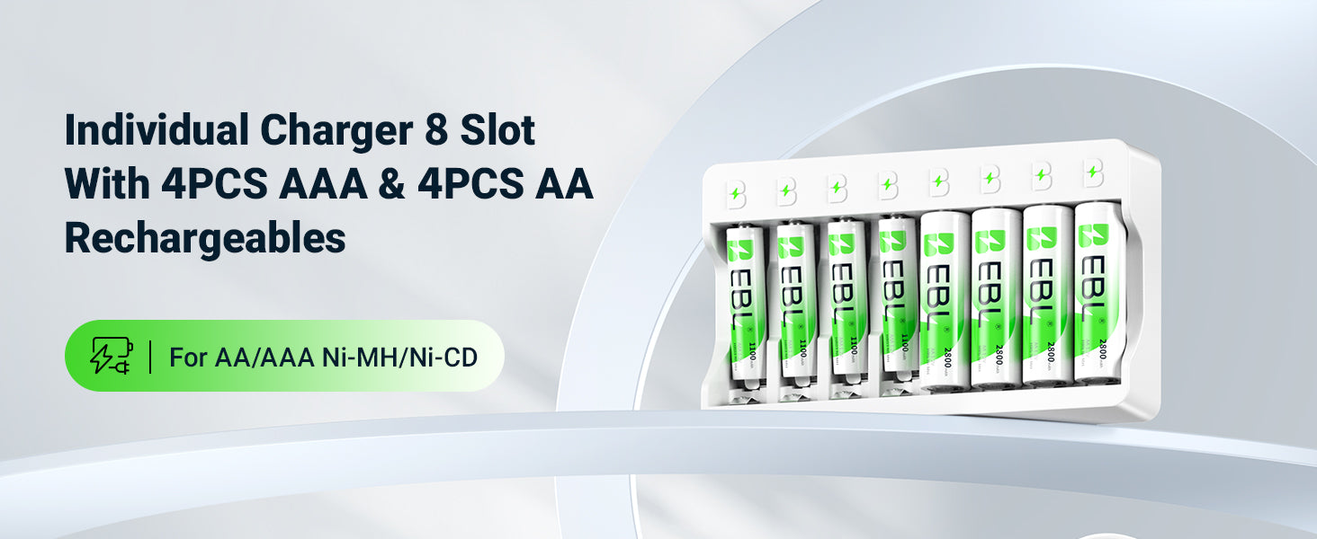 EBL battery charger with 8 slots containing 4 AAA and 4 AA rechargeable batteries 