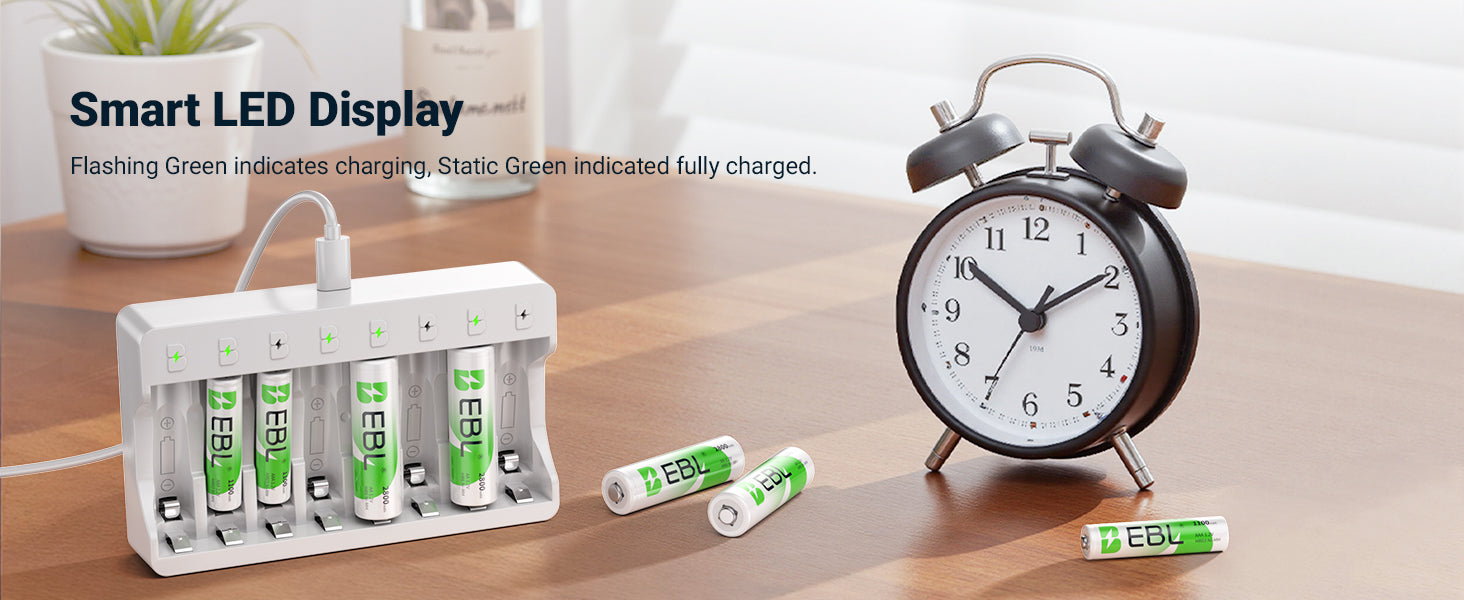 EBL battery charger with smart LED display on a wooden surface