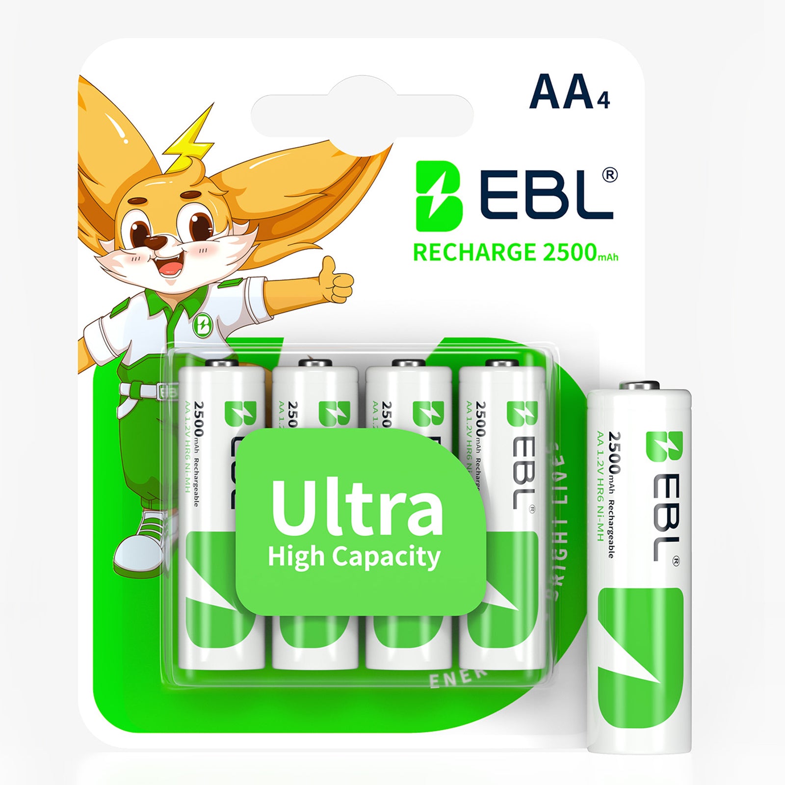 EBL AA 2500mAh High Performance Ni-MH Rechargeable Batteries, 4 Pack