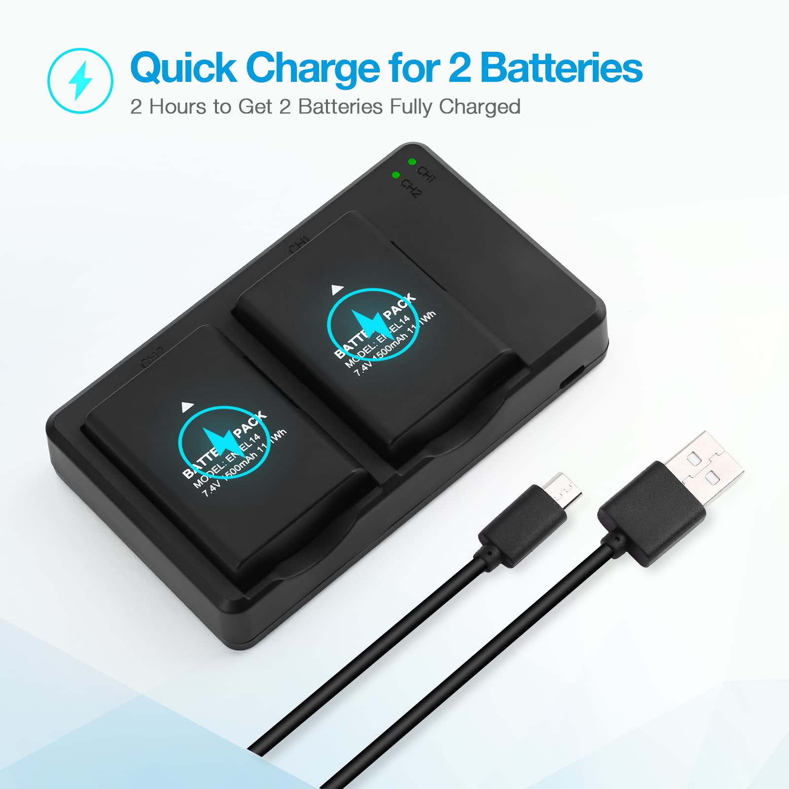 UltraPro 2x EN-EL14a Battery Kit With Charger – For Nikon D3300 D5200 D5300 Coolpix P7000