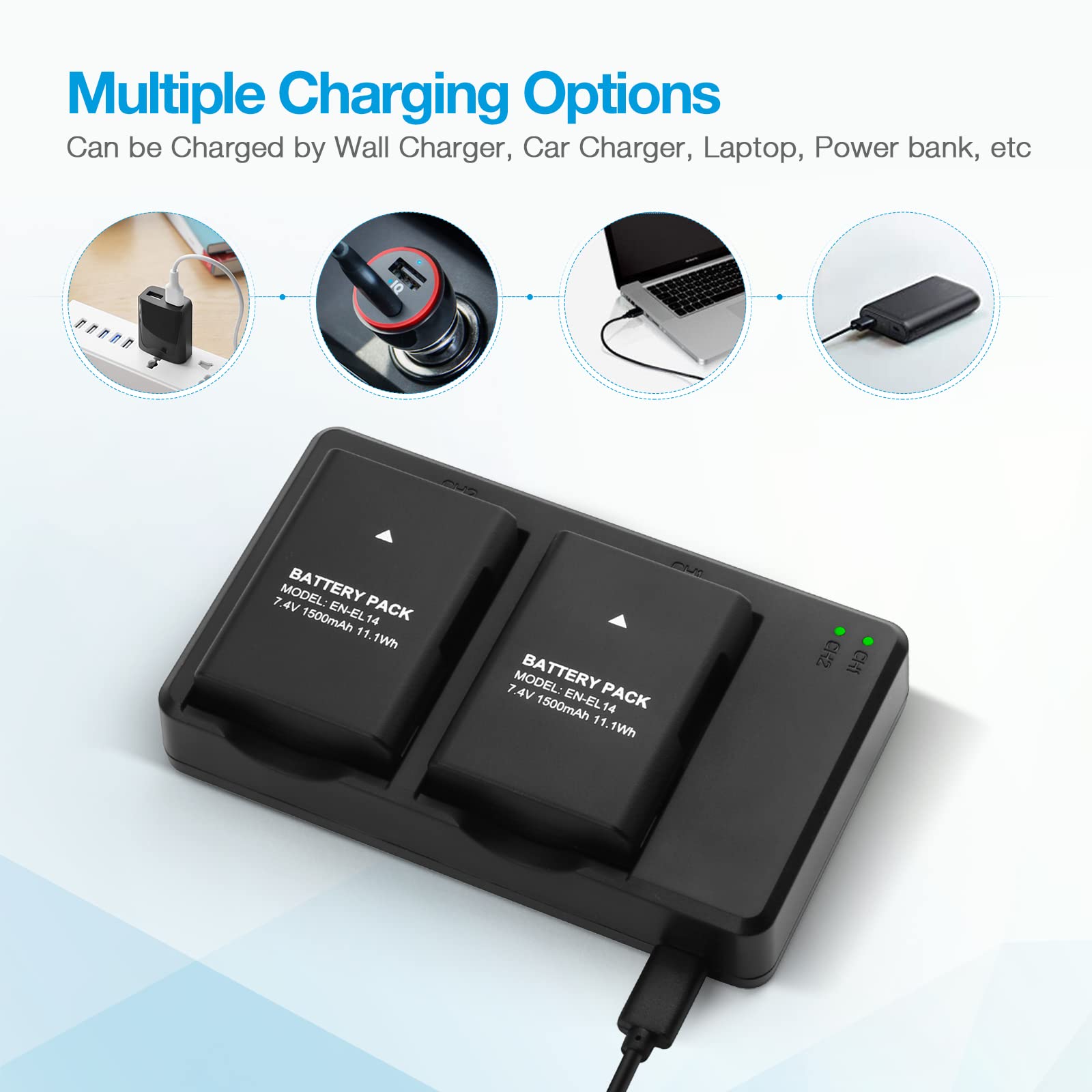 EN-EL14/EN-EL14a Battery 2-Pack & Dual LCD Charger for Nikon
