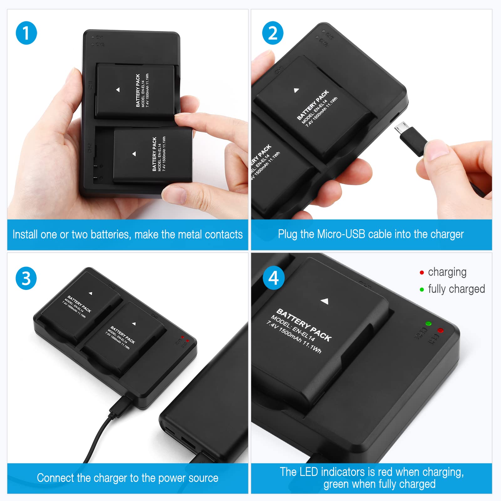 EN-EL14/EN-EL14a Battery 2-Pack & Dual LCD Charger for Nikon