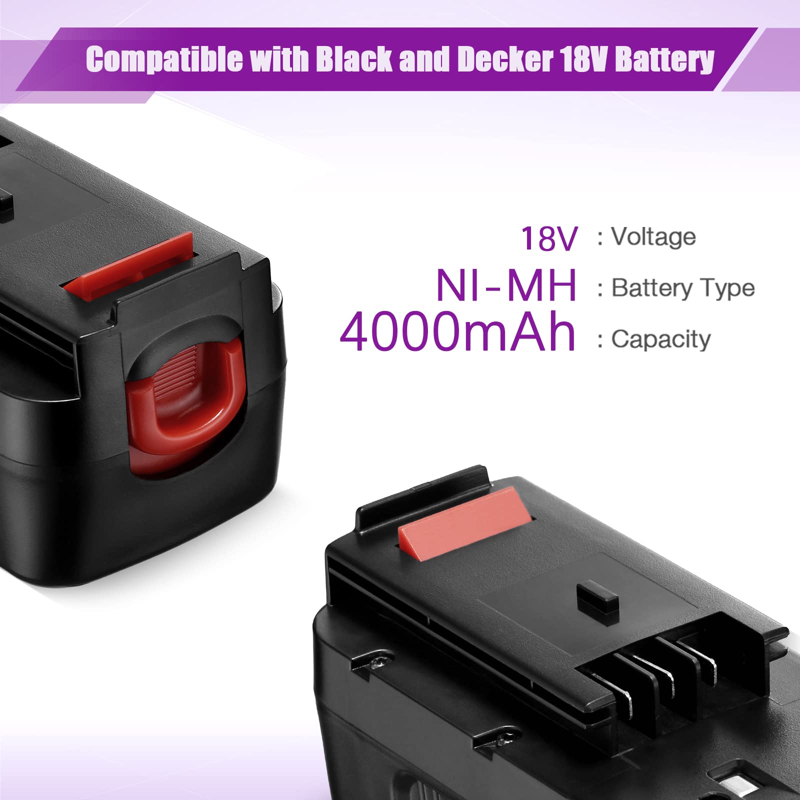 2-Pack 4000mAh HPB18 Battery for Black and Decker 18V Tools