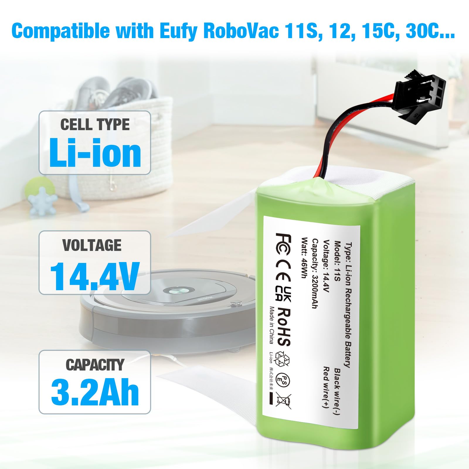14.4V 3200mAh Replacement Battery for Eufy RoboVac