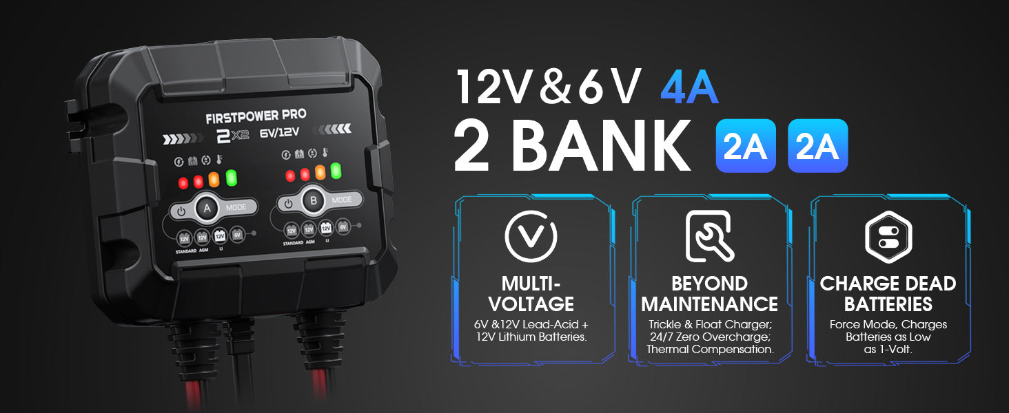 2-Bank 4A Trickle Charger for Car Motorcycle Battery