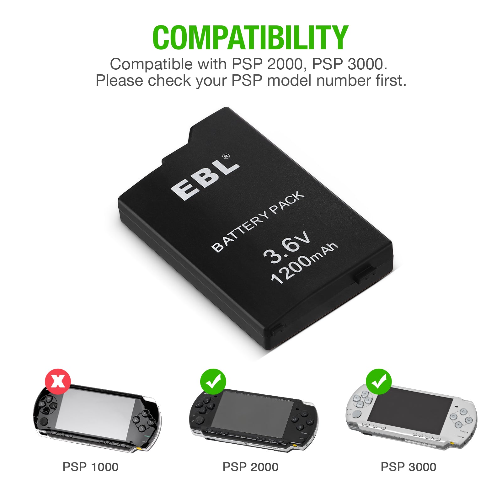 EBL Replacement Battery For Sony PSP 2000 2001 3000 PSP-S110 1200mAh