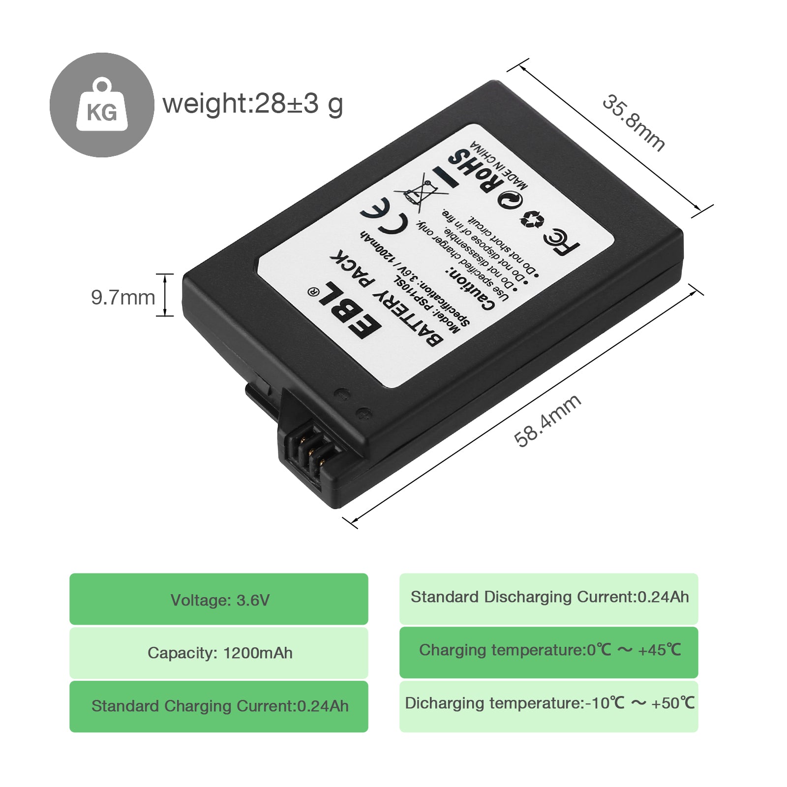 EBL Replacement Battery For Sony PSP 2000 2001 3000 PSP-S110 1200mAh