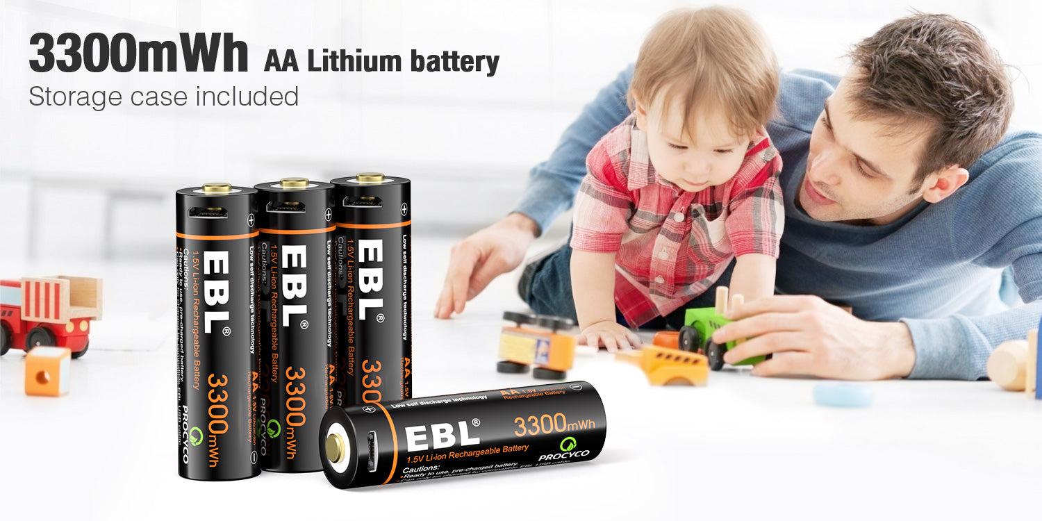 EBL Piles Rechargeables USB AA 1,5V 3300mWh- USB Charge Directe : :  High-Tech