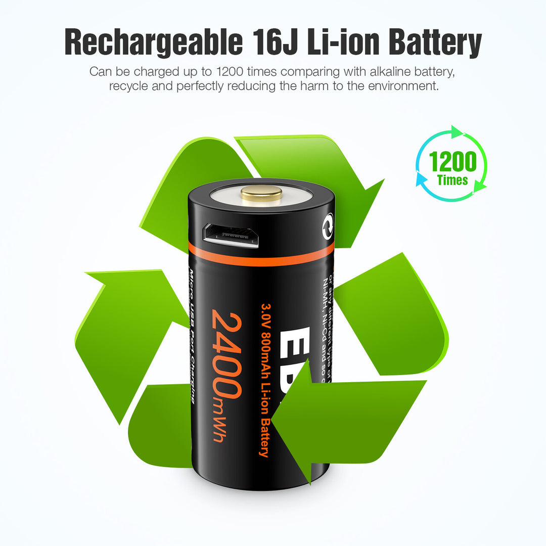 EBL 4 Pack CR123A 3V Lithium Battery 2400mWh with Micro USB Cable
