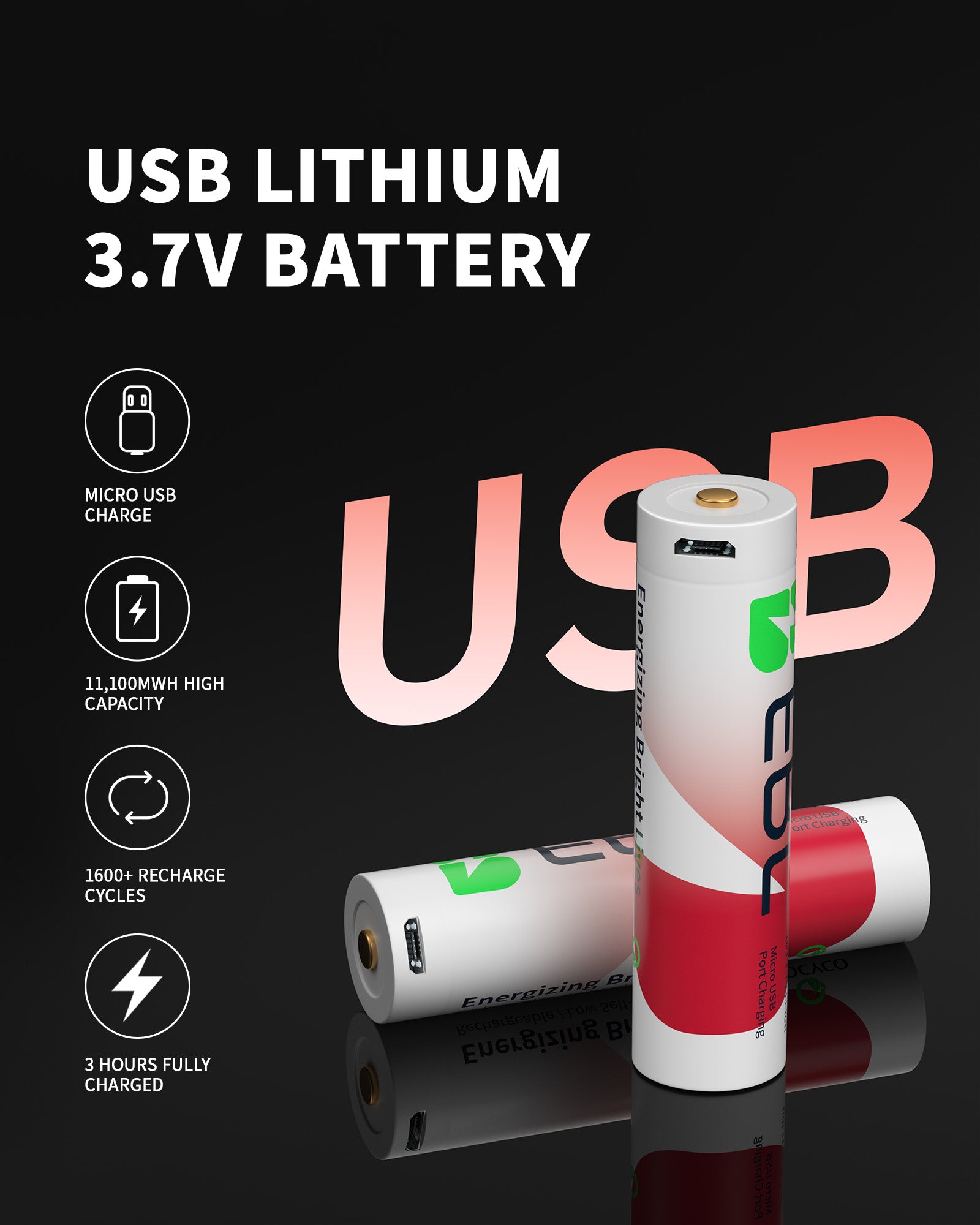 EBL 2Pcs 18J USB Rechargeable Batteries 3.7V 11100mWh