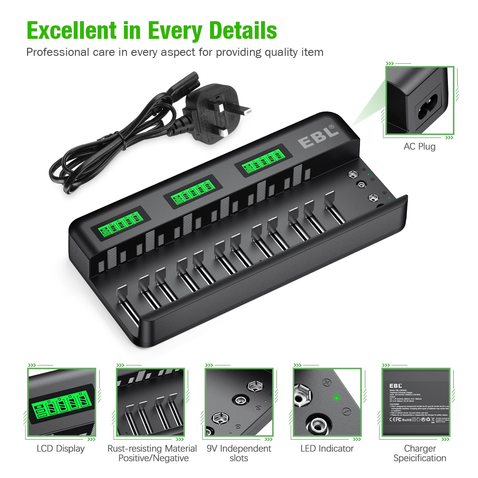 EBL Universal Battery Charger for AA AAA C D 9V Batteries