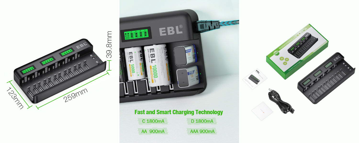 EBL 12+2 Bay Universal Battery Charger for AA AAA C D 9V Batteries