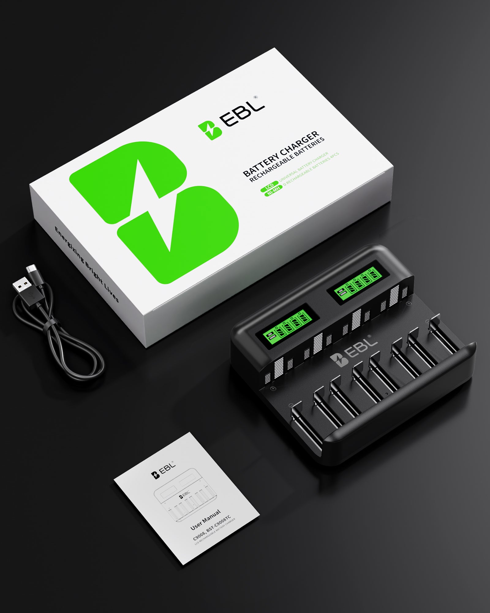 EBL C9008 LCD Battery Charger with AA AAA C D Ni-Mh Rechargeable Batteries