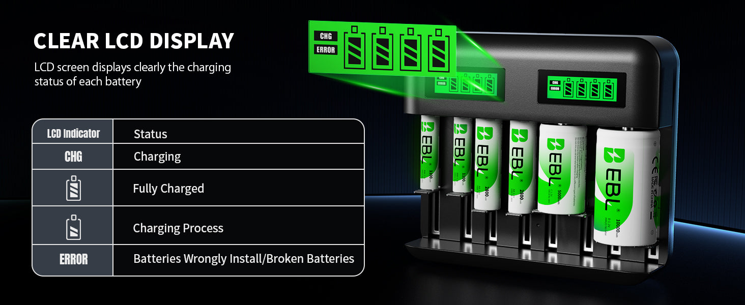 EBL C9008 8 Bay LCD Universal Battery Charger for AA AAA C D Ni-MH Batteries