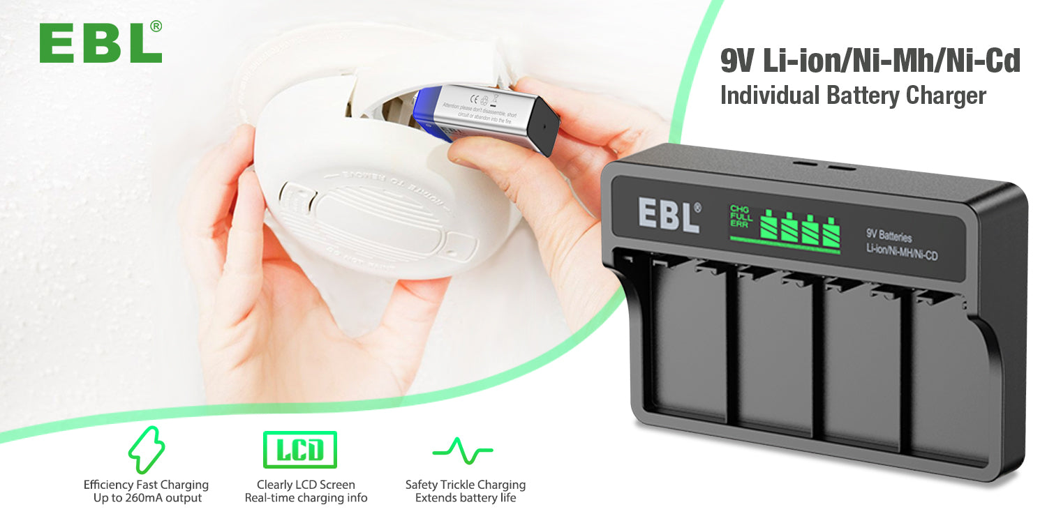 EBL 4-Bay 9 Volt Battery Charger for 9V Li-ion Ni-MH Ni-CD Batteries