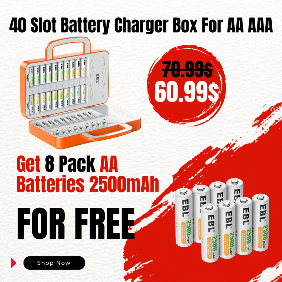 【BlackFriday Sale】EBL 40 Slot Battery Charger Box For AA AAA Ni-MH Ni-CD Rechargeable Batteries