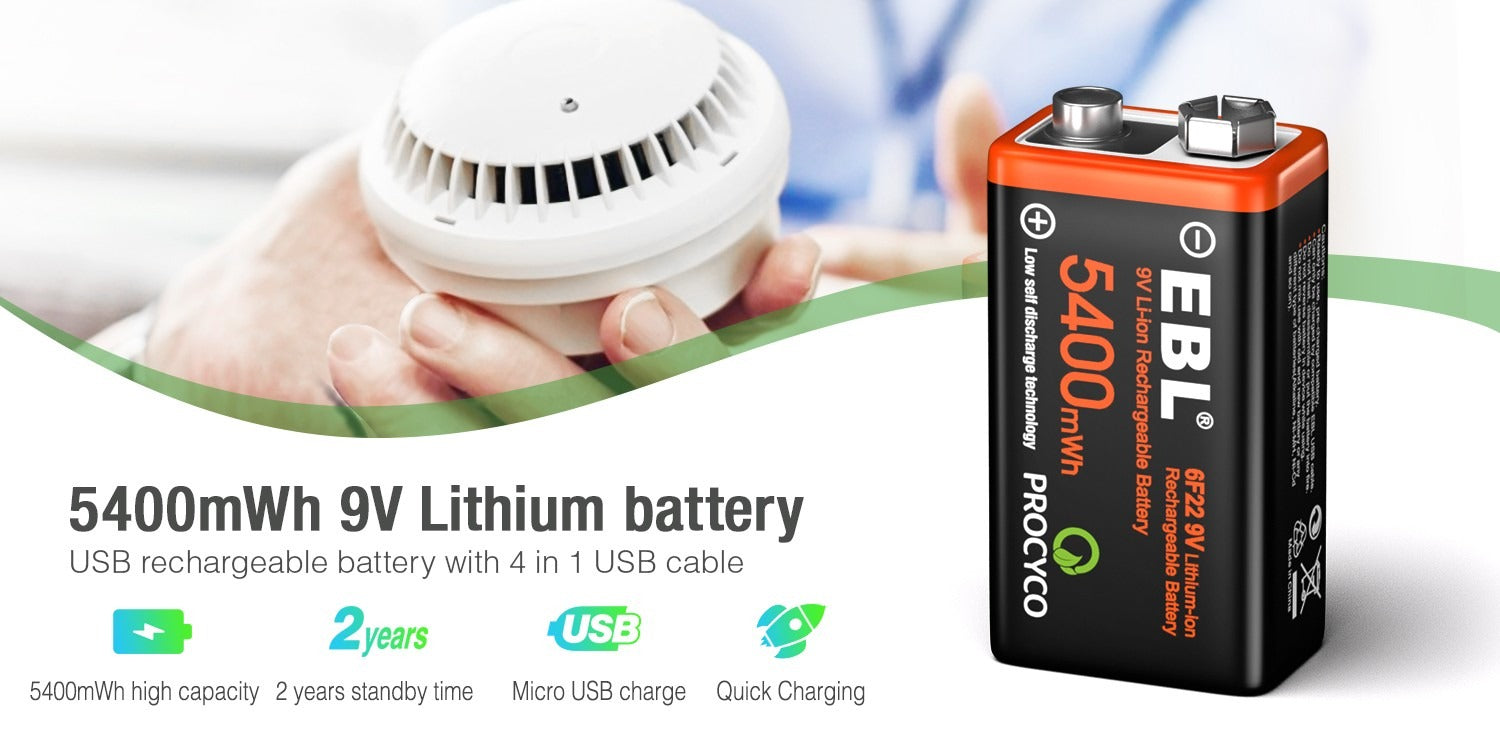  EBL USB Rechargeable 9V Lithium Batteries - 5400mWh