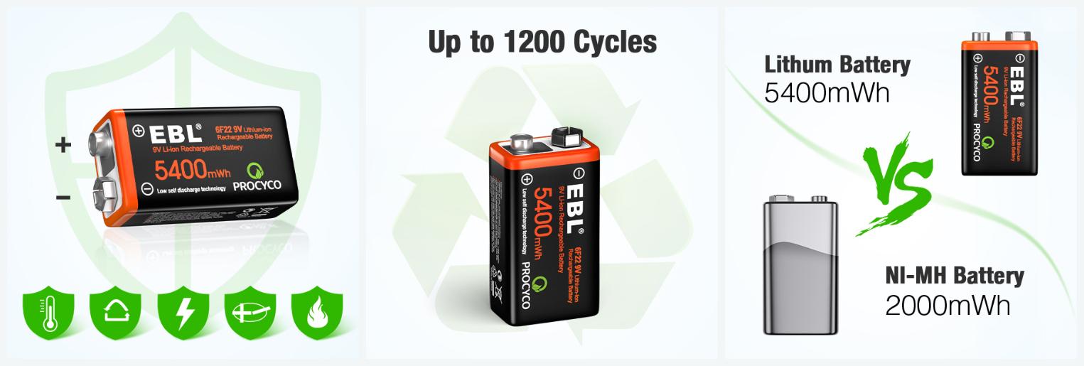 EBL Baterías Recargables 9V 5400 mWh USB