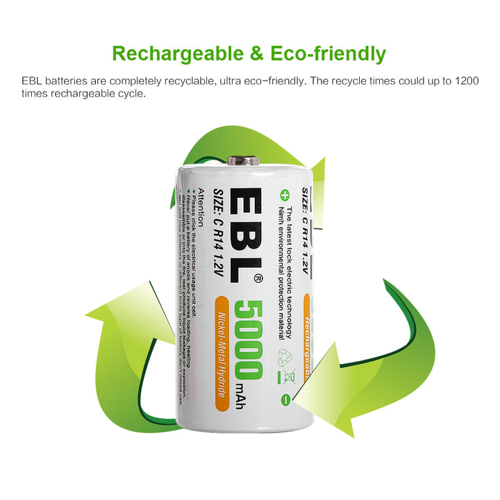 EBL 4 Pack Rechargeable C Batteries 5000mAh New Retail Package