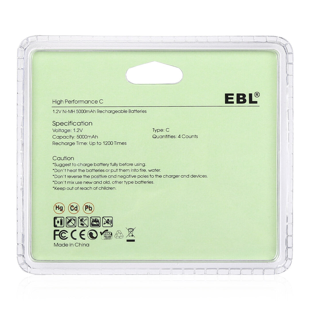 EBL 4 Pack Rechargeable C Batteries 5000mAh New Retail Package
