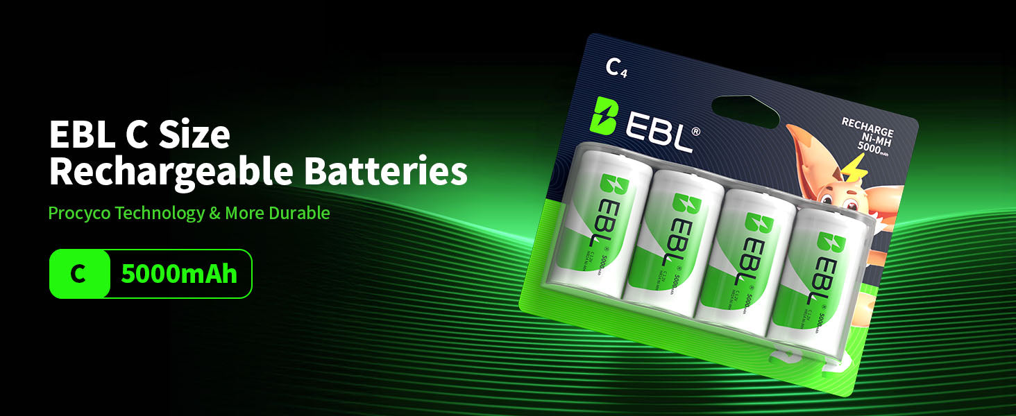 EBL Rechargeable C Batteries 5000mAh New Retail Package
