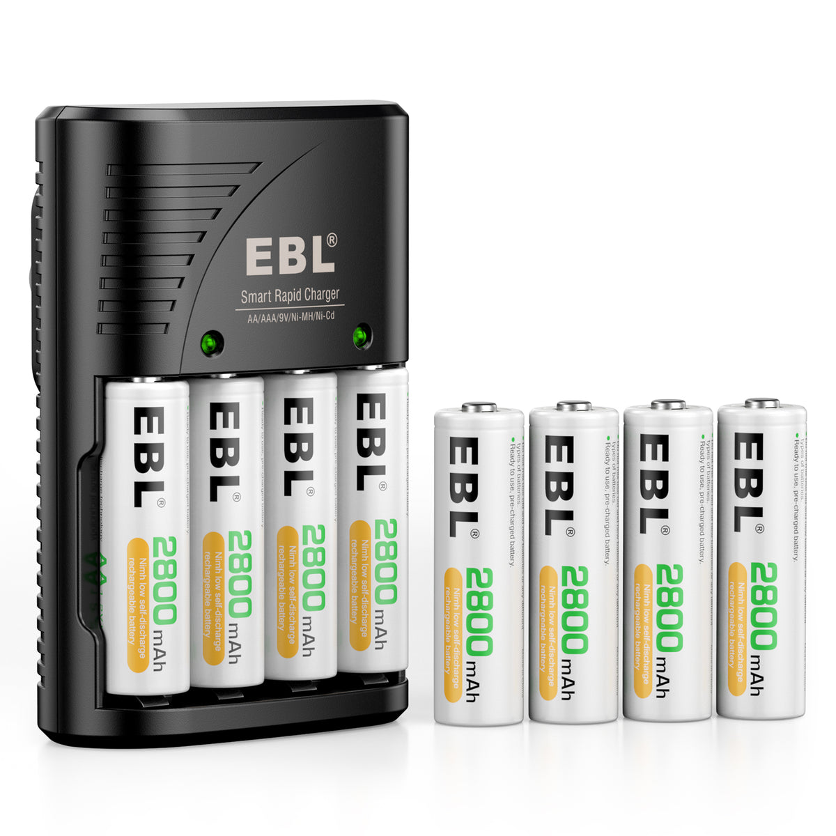 EBL Rechargeable AA Batteries with Charger, 8 Pack Pre-Charged Double A Battery 2800mAh and Battery Charger for AA AAA 9V Batteries