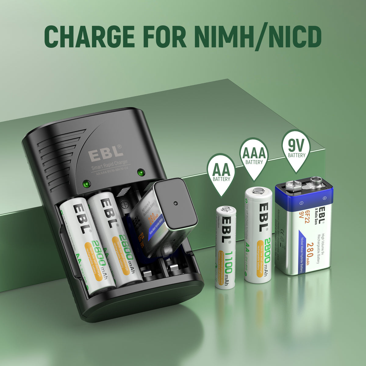 EBL Rechargeable AA Batteries with Charger, 8 Pack Pre-Charged Double A Battery 2800mAh and Battery Charger for AA AAA 9V Batteries
