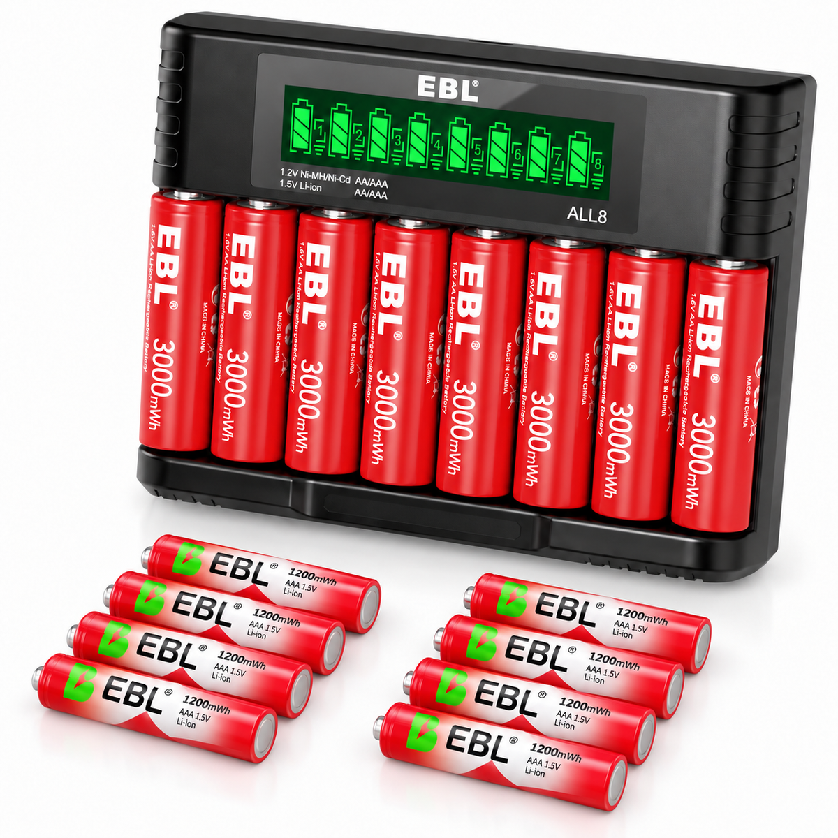 Paquete de 8 pilas de litio AA/AAA EBL de 1,5 V con cargador
