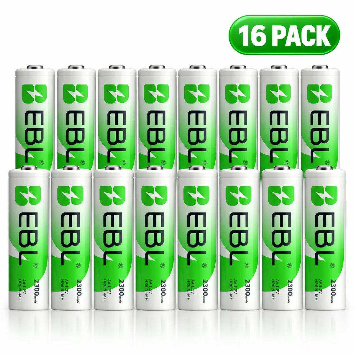EBL 2300mAh AA Rechargeable Batteries, 16-Pack NiMH Precharged Double A Batteries for Home & Everyday Use
