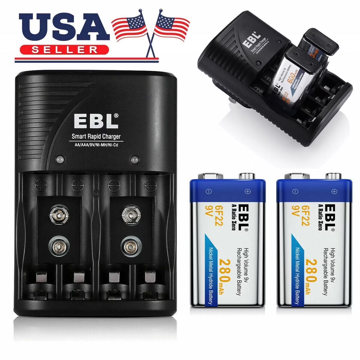Paquete de 2 baterías recargables EBL NiMH de 9 voltios y 280 mAh con cargador de 9 voltios 6F22 de 2 ranuras y enchufe estadounidense