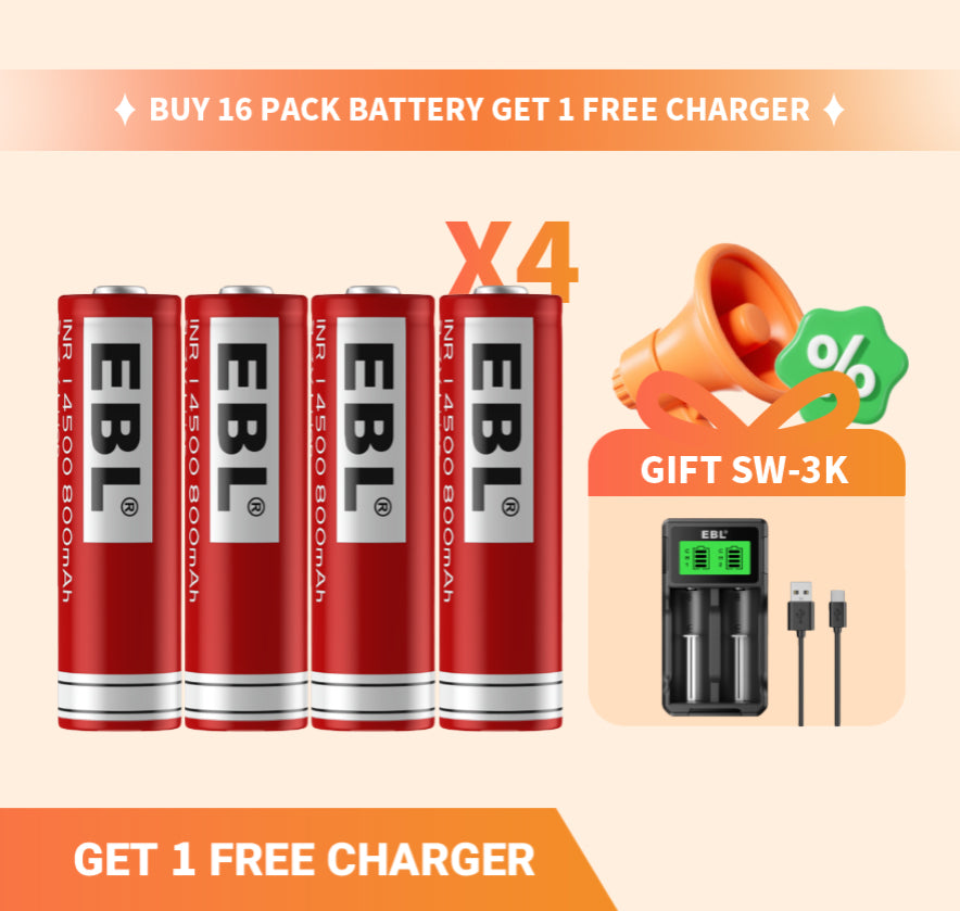 【Mid-Year Sale】EBL 16 Pack 14500 Lithium Rechargeable Batteries 800mAh