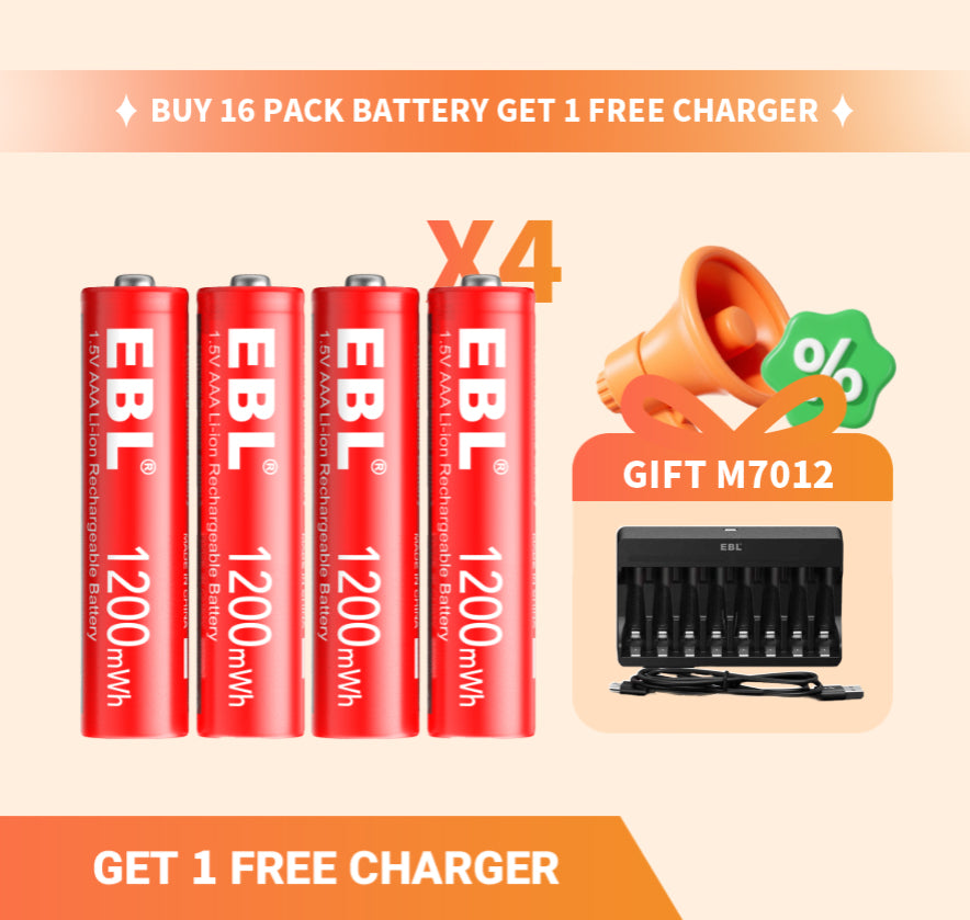 【Mid-Year Sale】EBL 16 Pack 1.5V AAA Rechargeable Li-ion Batteries