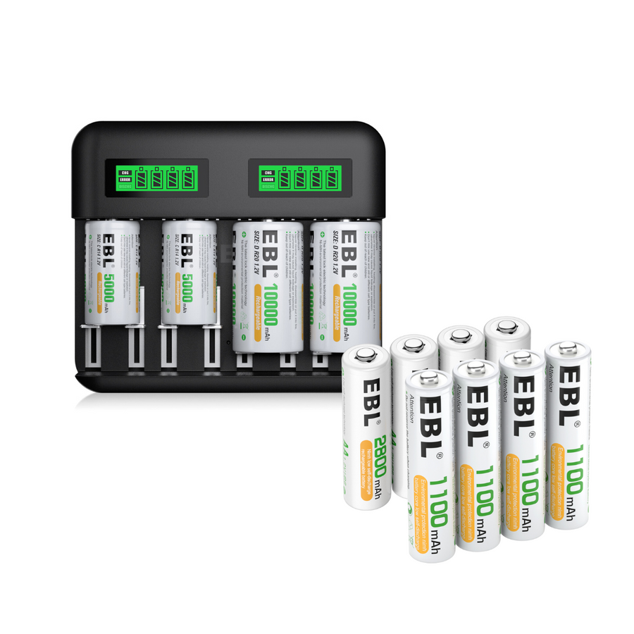 EBL C9008 LCD Battery Charger with AA AAA C D Rechargeable Batteries