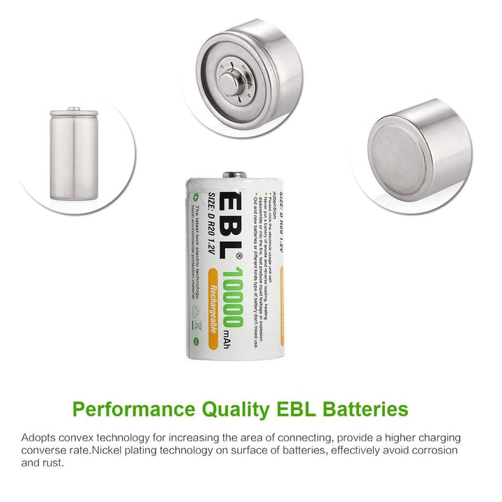 EBL 2/4/6/8Pcs D Size Rechargeable Batteries 1.2V 10,000mAh