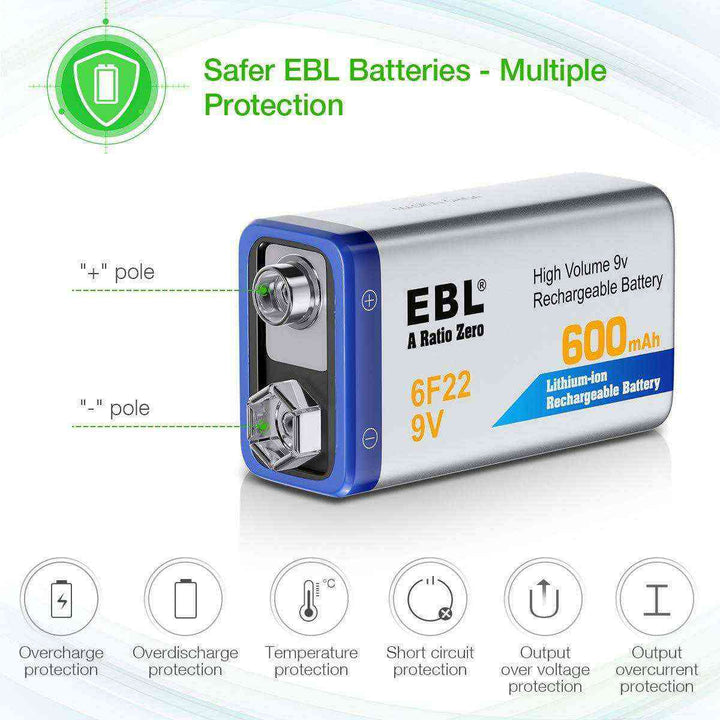 EBL 4-Pack 9V Li-ion Batteries with 9V Battery Charger