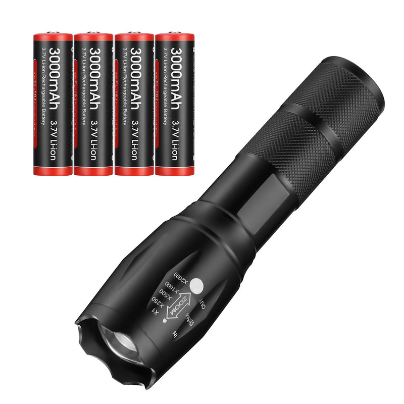 TESSGO Tactical Flashlight Torch with 4 Pack Rechargeable Batteries 3.7V