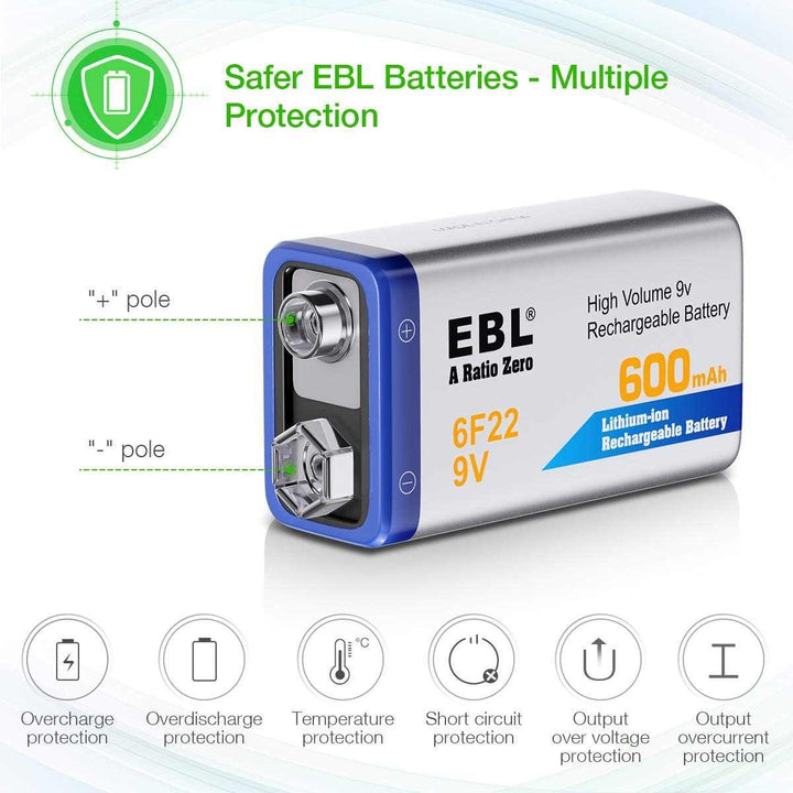 EBL4 Packs 600mAh 9V Li-ion Batteries with 4 Bay 9V Battery Charger