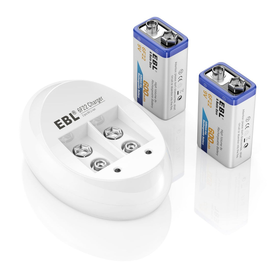 EBL 2-Pack 6F22 9V Battery 600mAh Lithium-ion Rechargeable Batteries