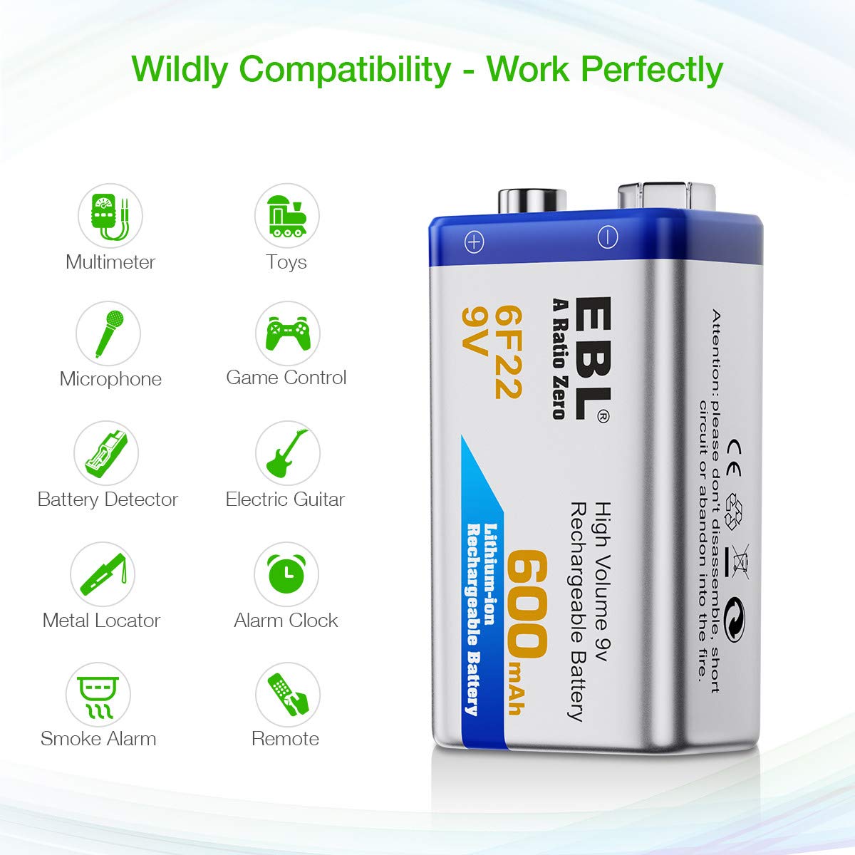 EBL 4-Pack 9V Li-ion Batteries with 9V Battery Charger