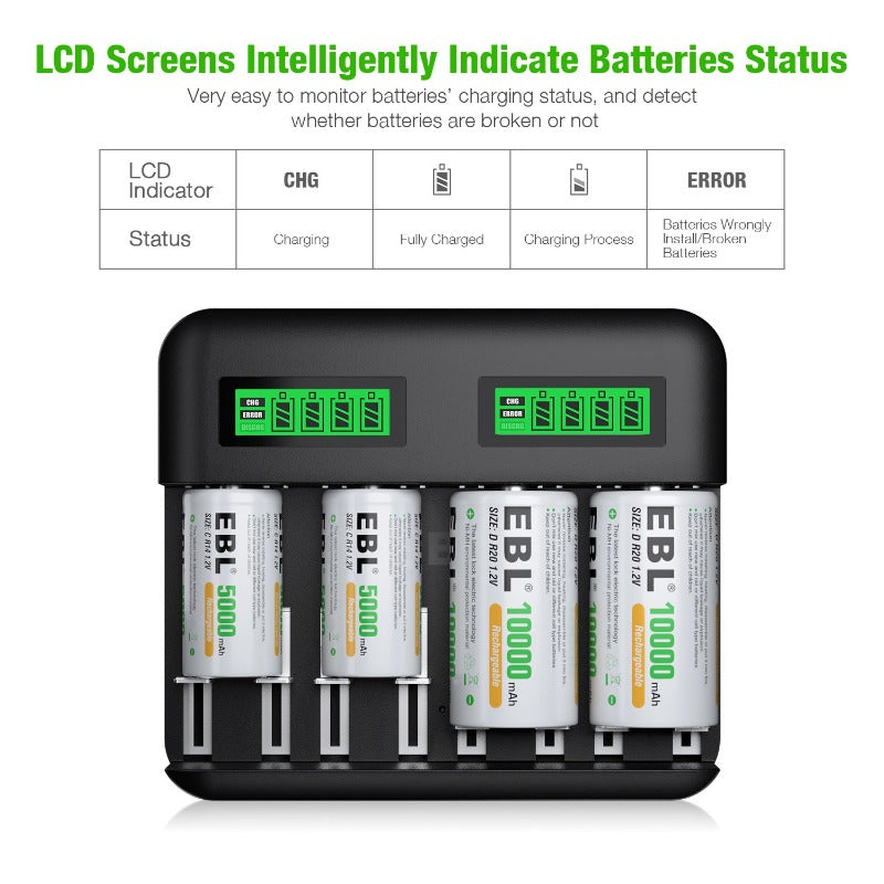 EBL C9008 LCD Battery Charger with AA AAA C D Rechargeable Batteries