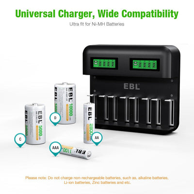 EBL C9008 LCD Battery Charger with AA AAA C D Rechargeable Batteries