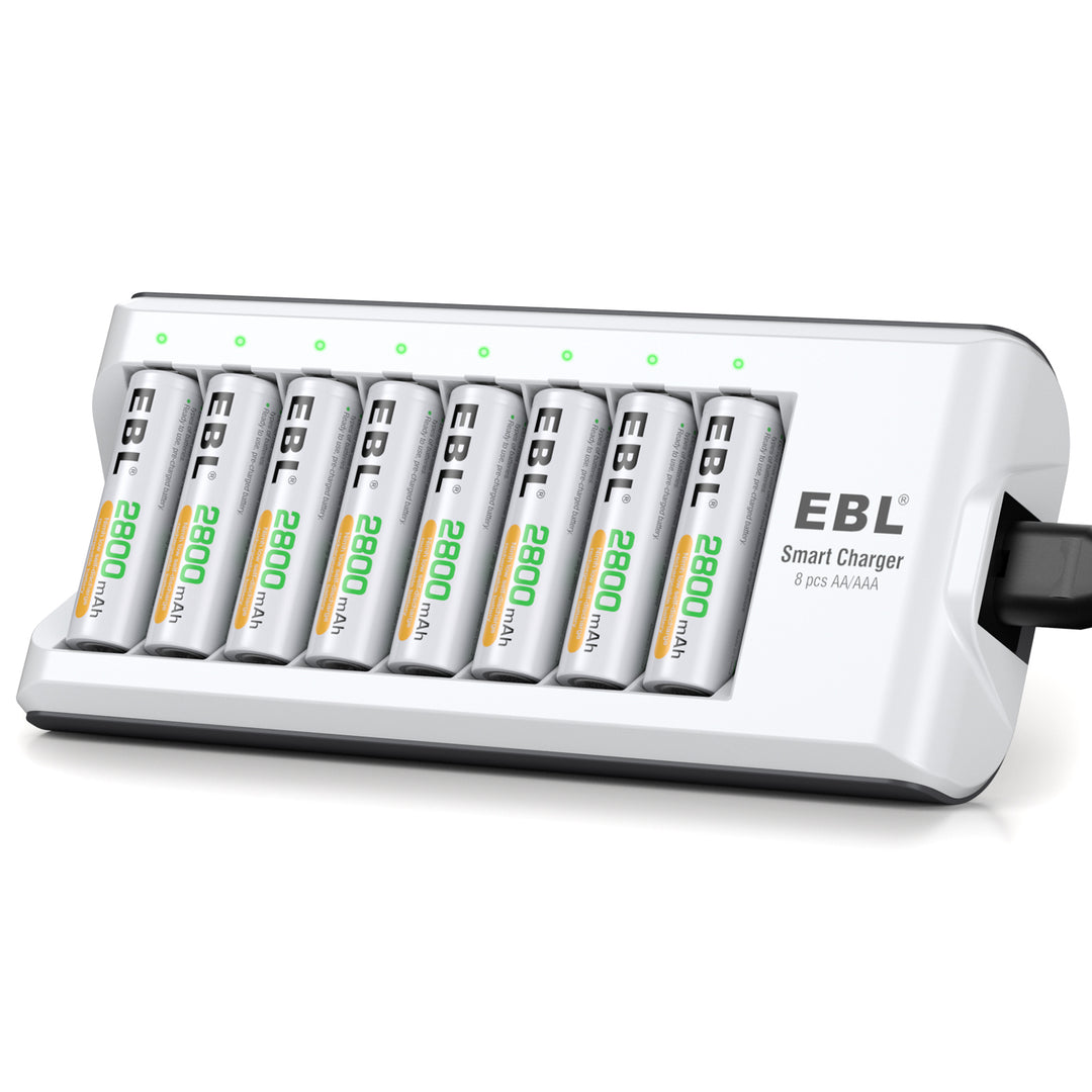 EBL 8 pilas recargables AAA y cargador de batería LCD de 8 bahías con 8  pilas recargables AA, batería y cargador combinado