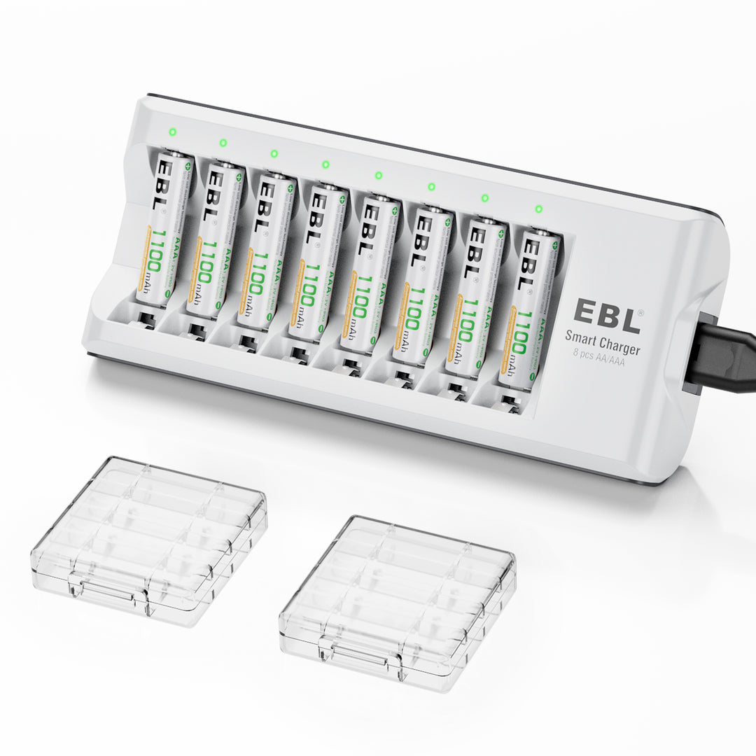 EBL 8 pilas recargables AAA y cargador de batería LCD de 8 bahías con 8  pilas recargables AA, batería y cargador combinado