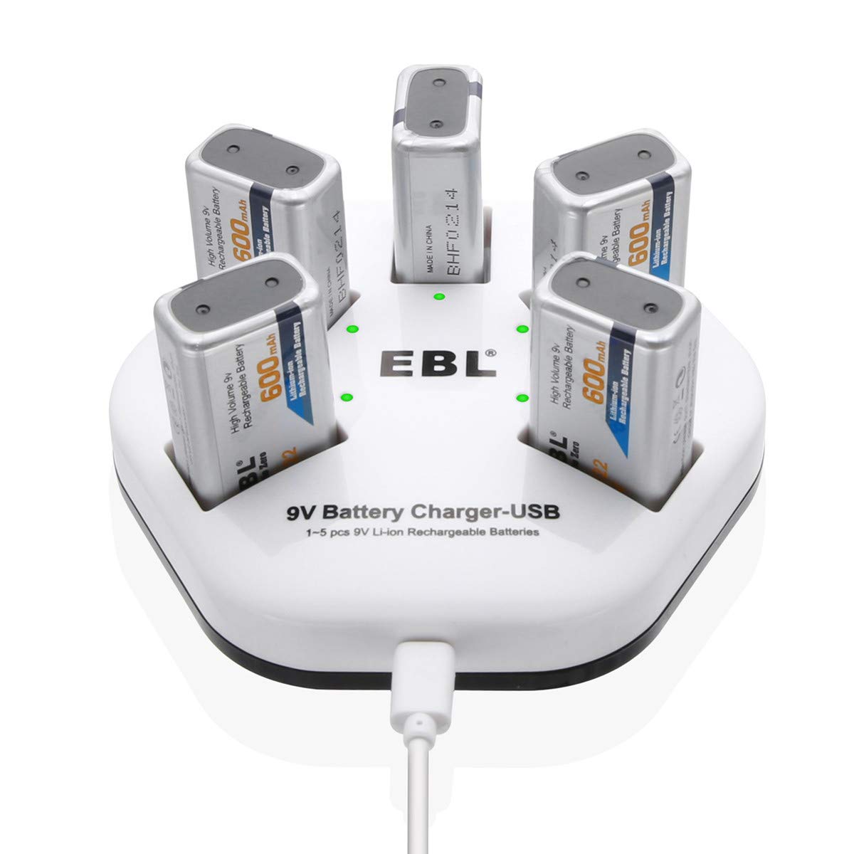 EBL 9V Lithium Ion USB Rechargeable Batteries (5400mWh, 800mAh) – 2-Pack With Charging Cable