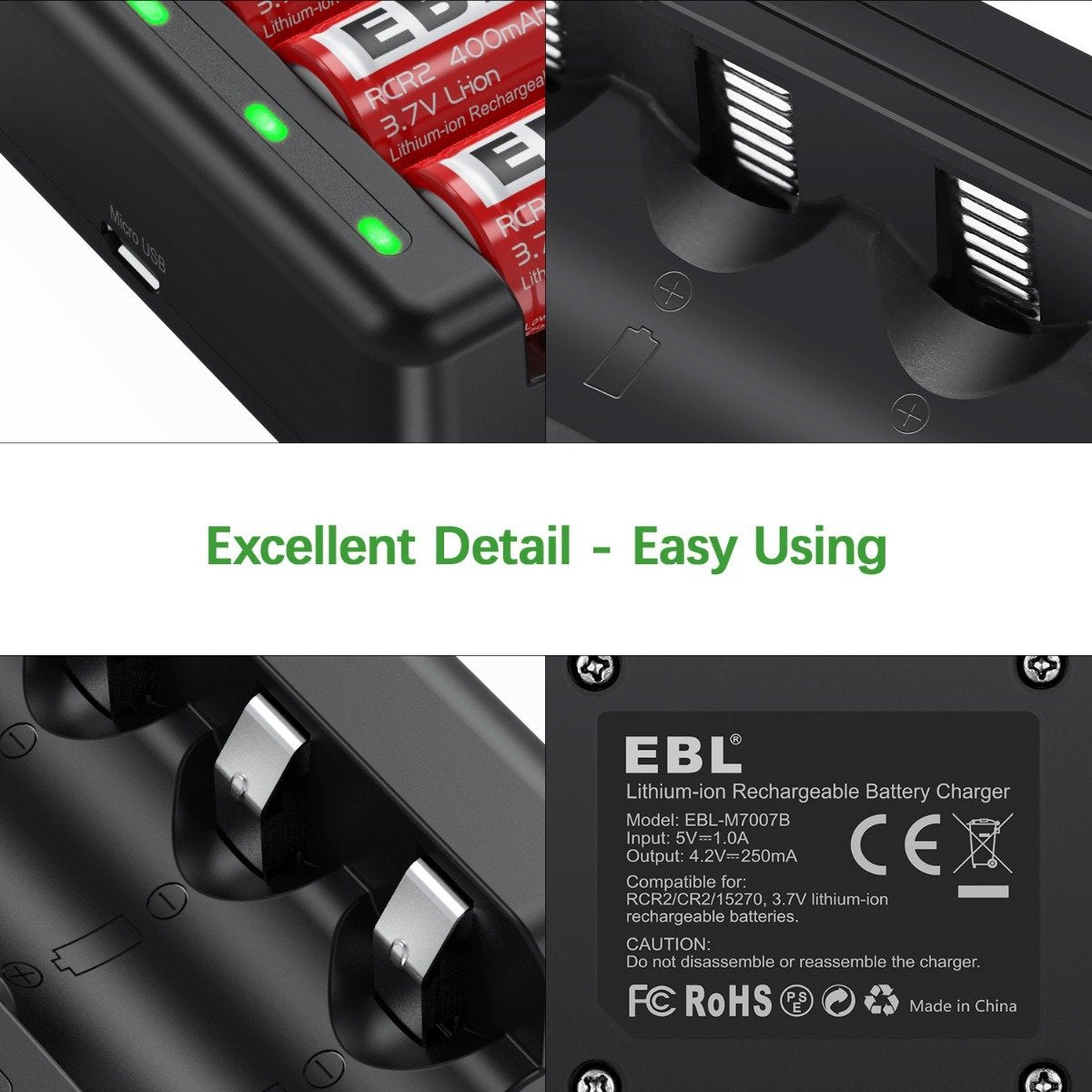 EBL 8 paquetes de baterías recargables de iones de litio CR2 de 3,7 V con cargador