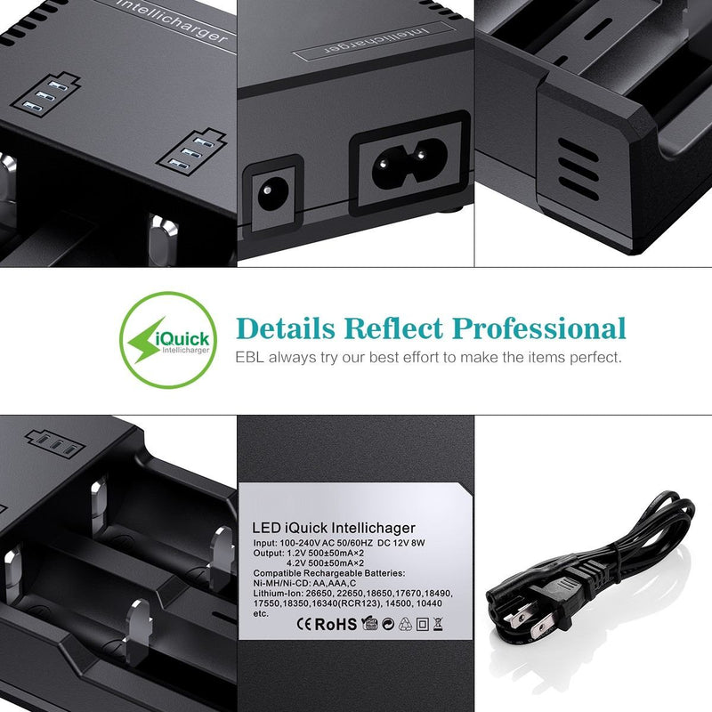 EBL 4Pcs 16340 RCR123A Rechargeable Batteries with 992 Battery Charger