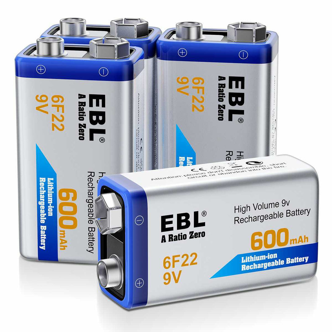 EBL Rechargeable 9V Lithium Batteries, 5400mWh USB 9 Volt Li-ion Batteries  Long-Lasting(2 Pack)