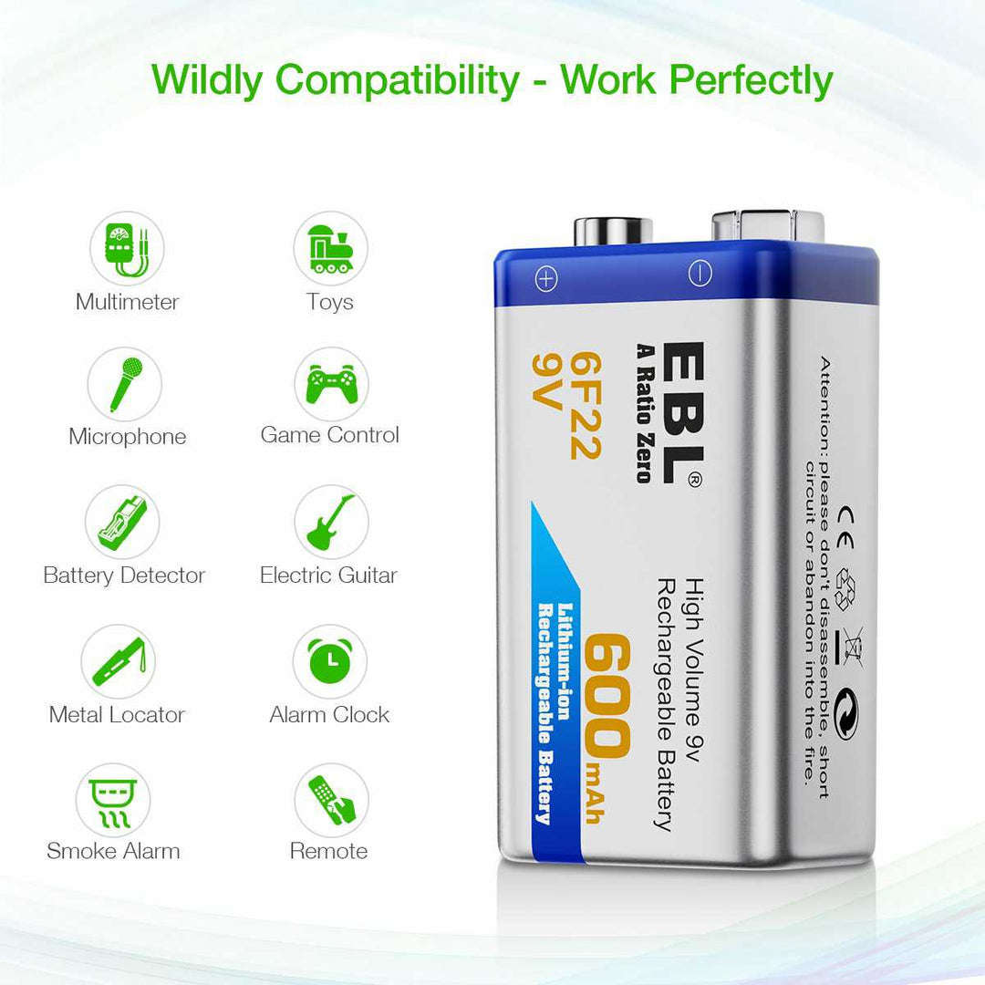 EBL 9V 600mAh Li-ion Rechargeable Batteries