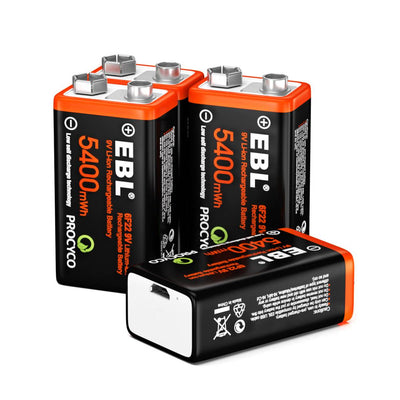 EBL 1/4Pcs USB 9V Rechargeable Battery Li-ion 5400mWh